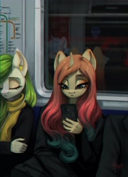 Size: 2973x4096 | Tagged: safe, artist:amishy, derpibooru import, oc, oc only, oc:sheron, anthro, unicorn, cellphone, duo, earbuds, eyes closed, female, food, high res, lidded eyes, looking down, mare, phone, reflection, smartphone, subway