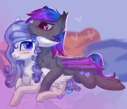 Size: 1162x993 | Tagged: safe, artist:lullay, artist:muna, derpibooru import, oc, oc only, oc:grey, oc:justkattyo, bat pony, pegasus, adorable face, base used, bat ears, bat pony oc, blushing, chest fluff, clothes, comfy, cuddling, cute, duo, duo male and female, ear fluff, ears, eyes open, female, floppy ears, flower, fluffy, freckles, gift art, happy, hoodie, hug, male, mane, ocbetes, pegasus oc, shiny mane, smiling, snuggling, tongue, tongue out, wings