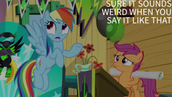 Size: 1280x720 | Tagged: safe, derpibooru import, edit, edited screencap, editor:quoterific, screencap, rainbow dash, scootaloo, pegasus, pony, season 8, the washouts (episode), balloon, clubhouse, crusaders clubhouse, duo, duo female, female, filly, flying, foal, frown, mare, open mouth, poster, smiling, spread wings, text, the washouts, wings