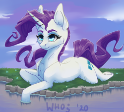 Size: 926x836 | Tagged: safe, artist:xzjeep, derpibooru import, rarity, pony, unicorn, ear fluff, ears, female, grass, lying down, mare, prone, solo, water