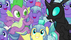 Size: 1280x720 | Tagged: safe, derpibooru import, screencap, spike, thorax, changeling, dragon, pegasus, pony, season 6, the times they are a changeling, cheering, happy, male, royal guard, smiling, stallion