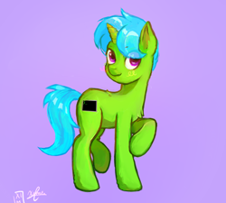 Size: 1150x1033 | Tagged: safe, artist:mishicheeto, derpibooru import, oc, oc only, oc:green byte, pony, unicorn, commission, full body, hooves, horn, male, purple background, raised hoof, raised leg, simple background, solo, stallion, standing, tail, unicorn oc, ych result