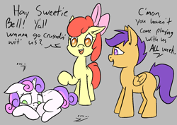 Size: 1414x1000 | Tagged: safe, artist:happy harvey, derpibooru import, apple bloom, scootaloo, sweetie belle, earth pony, pegasus, pony, unicorn, colored pupils, depressed, depression, dialogue, drawn on phone, ear fluff, ears, female, filly, foal, gray background, looking away, looking down, sad, simple background