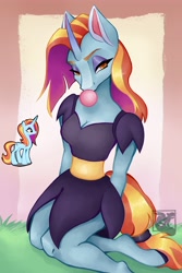 Size: 3000x4500 | Tagged: safe, artist:mishi_ovo, derpibooru import, sassy saddles, anthro, unguligrade anthro, unicorn, bubblegum, clothes, cute, doodle, drawing, dress, fanart, female, kneeling, looking at you, mare, solo