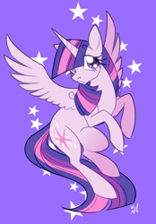 Size: 1000x1440 | Tagged: safe, artist:mechanakal, derpibooru import, twilight sparkle, twilight sparkle (alicorn), alicorn, pony, floating, looking up, purple background, raised hoof, raised leg, simple background, solo, spread wings, stars, wings