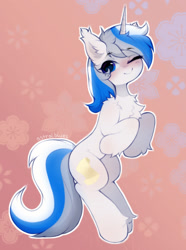 Size: 1280x1716 | Tagged: safe, artist:astralblues, derpibooru import, oc, oc only, pony, unicorn, blushing, chest fluff, ear fluff, ear tufts, ears, female, looking at you, mare, one eye closed, smiling, smiling at you, solo, white outline, wink, winking at you