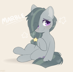 Size: 780x770 | Tagged: safe, artist:higglytownhero, derpibooru import, marble pie, earth pony, pony, alternate hairstyle, blushing, cream background, cute, ear fluff, ears, eye clipping through hair, female, hair tie, marblebetes, mare, signature, simple background, sitting, smiling, solo, stars, weapons-grade cute