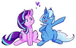 Size: 640x408 | Tagged: safe, artist:hakureiis, derpibooru import, starlight glimmer, trixie, pony, unicorn, duo, duo female, eye clipping through hair, eyebrows, eyes closed, female, heart, lesbian, mare, open mouth, open smile, shipping, simple background, sitting, smiling, startrix, transparent background