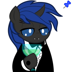 Size: 2048x2048 | Tagged: safe, artist:dtavs.exe, editor:linuxpony, ponybooru exclusive, oc, oc only, oc:swift dawn, changeling, acres avatar, based, blue changeling, bowtie, changeling oc, cheers, clothes, drink, fangs, looking at you, male, mountain dew, pinned, simple background, solo, suit, transparent background, wine glass