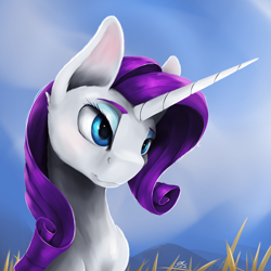 Size: 2160x2160 | Tagged: safe, artist:tenebrisnoctus, derpibooru import, rarity, pony, unicorn, bust, cloud, female, field, mare, mountain, mountain range, portrait, signature, sky, smiling, solo