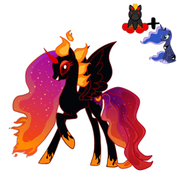 Size: 3464x3464 | Tagged: safe, artist:queenzodiac, artist:vernorexia, derpibooru import, nightmare moon, princess luna, oc, alicorn, pony, base used, black coat, colored eyelashes, demon horns, evil, evil grin, fire, fusion, gradient mane, grin, horns, mane of fire, princess, red eyes, red sclera, requested art, simple background, smiling, solo, spread wings, transparent background, unnamed oc, webkinz, webkinz night mare, wings