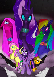 Size: 2452x3508 | Tagged: safe, artist:shikidark, derpibooru import, applejack, fluttershy, nightmare rarity, pinkie pie, rainbow dash, rarity, spike, twilight sparkle, twilight sparkle (alicorn), alicorn, pony, corrupted, female, mane seven, mane six, mare, nightmare pinkie, nightmare rainbow dash, nightmarified, red eyes