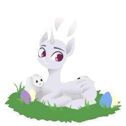Size: 640x640 | Tagged: safe, artist:rumista, derpibooru import, alicorn, earth pony, pegasus, pony, rabbit, unicorn, animal, animated, bunny ears, commission, easter, egg, holiday, simple background, solo, transparent background, your character here