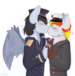 Size: 2004x2048 | Tagged: safe, artist:y32010g, derpibooru import, oc, oc only, oc:alter ego, oc:commissar junior, anthro, earth pony, pegasus, clothes, holding hands, kissing, simple background, uniform, white background