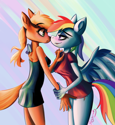 Size: 1182x1280 | Tagged: safe, artist:holy-sorrows, derpibooru import, applejack, rainbow dash, anthro, earth pony, pegasus, appledash, blushing, canon ship, clothes, female, lesbian, nightgown, no pants, pajamas, shipping, shirt