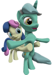 Size: 512x720 | Tagged: safe, artist:topsangtheman, derpibooru import, bon bon, lyra heartstrings, sweetie drops, earth pony, pony, unicorn, 3d, female, lesbian, lyrabon, shipping, simple background, transparent background