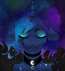 Size: 1100x1200 | Tagged: safe, artist:xzjeep, derpibooru import, princess luna, alicorn, pony, bust, choker, collar, ears, eyes closed, floppy ears, solo