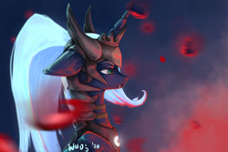 Size: 1280x854 | Tagged: safe, artist:xzjeep, derpibooru import, princess luna, alicorn, pony, alternate hairstyle, armor, ears, fangs, floppy ears, helmet, nose wrinkle, profile, solo