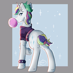 Size: 3000x3000 | Tagged: safe, artist:galaxiastar1, derpibooru import, rarity, pony, unicorn, alternate hairstyle, bubblegum, food, gum, looking back, punk, raripunk, solo