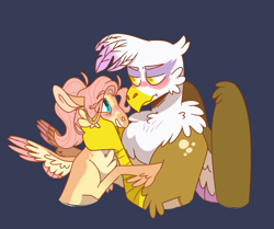 Size: 640x535 | Tagged: safe, artist:doodlebetch, artist:dozindoodles, derpibooru import, fluttershy, gilda, griffon, pegasus, pony, beak, blushing, chest fluff, claws, cute, duo, duo female, eye clipping through hair, eyebrows, eyebrows visible through hair, eyelashes, female, gildadorable, gildashy, grin, lesbian, looking at each other, looking at someone, mare, purple background, shipping, shyabetes, simple background, smiling, spread wings, wings