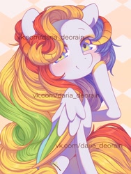 Size: 1536x2048 | Tagged: safe, artist:cherrnichka, derpibooru import, oc, oc only, oc:spring melody, pegasus, pony, commission, folded wings, horns, looking at you, sitting, spread wings, watermark, wings