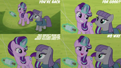 Size: 1280x720 | Tagged: safe, derpibooru import, edit, edited screencap, editor:quoterific, screencap, maud pie, starlight glimmer, earth pony, pony, unicorn, rock solid friendship, season 7, duo, female, grin, kite, magic, mare, open mouth, open smile, smiling, telekinesis, text