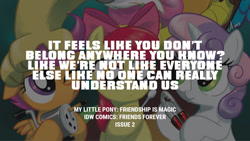 Size: 1280x720 | Tagged: safe, derpibooru import, edit, editor:quoterific, idw, apple bloom, discord, scootaloo, sweetie belle, draconequus, earth pony, pegasus, pony, unicorn, friends forever, spoiler:comic, apple bloom's bow, bow, cutie mark crusaders, female, filly, foal, hair bow, male, offscreen character, text, trio