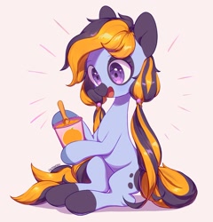 Size: 1737x1807 | Tagged: safe, artist:cherrnichka, derpibooru import, oc, oc only, earth pony, pony, emanata, food, hoof hold, ice cream, looking at something, open mouth, orange, simple background, spoon