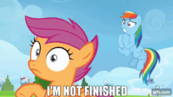 Size: 640x360 | Tagged: safe, derpibooru import, edit, edited screencap, editor:quoterific, screencap, rainbow dash, scootaloo, spitfire, pegasus, pony, season 8, the washouts (episode), spoiler:s08, animated, eyes closed, female, filly, flying, foal, gif, gifs.com, impact font, mare, open mouth, open smile, smiling, spread wings, trio, wings