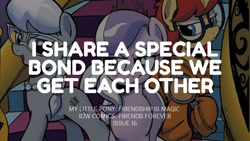 Size: 1280x720 | Tagged: safe, derpibooru import, edit, editor:quoterific, idw, diamond tiara, silver spoon, earth pony, pony, friends forever, spoiler:comic, female, filly, foal, open mouth, open smile, smiling, text, trio