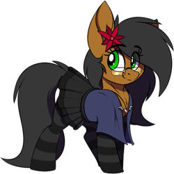 Size: 557x557 | Tagged: safe, artist:notetaker, derpibooru import, oc, oc only, oc:notetaker, earth pony, pony, alternate design, clothes, eye clipping through hair, eyebrows, eyebrows visible through hair, flower, flower in hair, full body, glasses, jewelry, necklace, simple background, skirt, smiling, socks, solo, standing, stockings, striped socks, tail, thigh highs, transparent background
