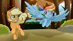 Size: 6324x3584 | Tagged: safe, artist:enviaart, artist:envygirl95, derpibooru import, applejack, rainbow dash, earth pony, pegasus, pony, fall weather friends, absurd resolution, cute, dashabetes, dreamworks face, duo, duo female, female, flying, forest, grin, jackabetes, leaves, looking at each other, mare, running, running of the leaves, smiling, spread wings, tree, wings