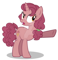 Size: 1024x1061 | Tagged: safe, artist:spectrumnightyt, derpibooru import, oc, oc only, oc:raspberry ripple, pony, unicorn, base used, deviantart watermark, female, freckles, full body, hooves, horn, mare, obtrusive watermark, offspring, open mouth, parent:big macintosh, parent:sugar belle, parents:sugarmac, pointing, shadow, show accurate, simple background, solo, standing, tail, transparent background, unicorn oc, watermark