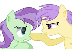 Size: 3000x2051 | Tagged: safe, artist:thatusualguy06, derpibooru import, berry sweet, violet twirl, earth pony, pegasus, pony, .svg available, background pony, base used, boop, duo, duo female, eye contact, female, friendship student, frown, high res, hooves, looking at each other, looking at someone, mare, narrowed eyes, nose wrinkle, open mouth, simple background, smiling, smirk, svg, transparent background, vector