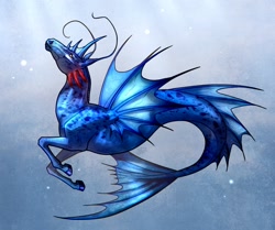 Size: 1280x1068 | Tagged: safe, artist:carota17, derpibooru import, oc, oc only, hybrid, merpony, seahorse, blue background, bubble, dorsal fin, fish tail, flowing tail, golden eyes, looking up, ocean, simple background, solo, swimming, tail, underwater, water