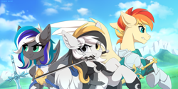 Size: 3600x1821 | Tagged: safe, artist:strafe blitz, derpibooru import, oc, oc only, pegasus, pony, armor, mouth hold, sword, trio, weapon