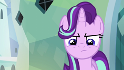 Size: 1280x720 | Tagged: safe, derpibooru import, screencap, starlight glimmer, pony, unicorn, season 6, the crystalling, annoyed, frown, implied spike, narrowed eyes, reaction image, solo, starlight glimmer is not amused, unamused