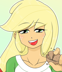 Size: 640x740 | Tagged: safe, artist:batipin, derpibooru import, applejack, equestria girls, crushing, nut, open mouth, open smile, smiling