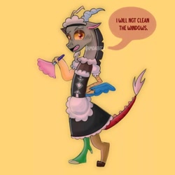 Size: 1080x1080 | Tagged: safe, artist:imdabeca, derpibooru import, discord, draconequus, clothes, crossdressing, cute, discute, duster, hand on hip, maid, maid discord, male, simple background, solo, talking, yellow background