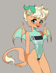 Size: 1478x1930 | Tagged: safe, artist:moebomoe, artist:windsweeper, derpibooru import, oc, oc:lodestone, dragon, cameltoe, clothes, dragoness, female, gris swimsuit, one-piece swimsuit, see-through, shiny swimsuit, short mane, short tail, swimsuit, tail