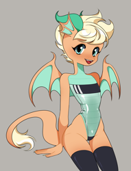 Size: 1478x1930 | Tagged: safe, artist:moebomoe, artist:windsweeper, derpibooru import, oc, oc:lodestone, dragon, clothes, dragoness, female, gris swimsuit, latex, latex boots, latex socks, one-piece swimsuit, see-through, shiny swimsuit, short mane, short tail, socks, swimsuit, tail