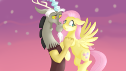 Size: 1920x1080 | Tagged: safe, artist:jbond, derpibooru import, discord, fluttershy, draconequus, pegasus, discoshy, female, kissing, male, mare, shipping, straight