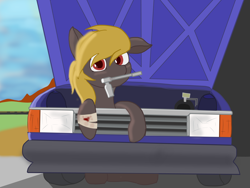 Size: 6000x4500 | Tagged: safe, derpibooru import, oc, oc:mike galaxy, pony, bandage, blood, car, cute, fixing, mechanic, ratchet, solo, toyota, vehicle