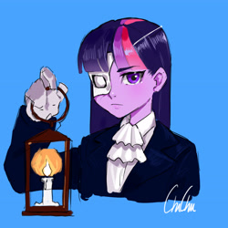 Size: 4724x4724 | Tagged: safe, artist:田园锄串子, derpibooru import, twilight sparkle, equestria girls, spoiler:comic, blue background, candle, clothes, lantern, mask, phantom of the opera, simple background, solo, suit