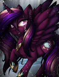 Size: 2550x3300 | Tagged: safe, artist:mychelle, derpibooru import, princess cadance, alicorn, pony, ear fluff, ears, feather, female, gem, hoof shoes, horn, mare, nightmare cadance, nightmarified, peytral, purple eyes, raised hoof, raised leg, sad, signature, snow, snowfall, solo, spread wings, sunlight, teary eyes, teeth, wings