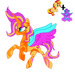 Size: 2499x2499 | Tagged: safe, artist:teepew, artist:vernorexia, derpibooru import, sunset shimmer, oc, alicorn, pony, g4, adoptable, alicorn princess, base used, blue eyes, coat markings, colored wings, female, flying, fusion, multicolored mane, multicolored wings, requested art, simple background, solo, swirly markings, transparent background, unnamed oc, webkinz, webkinz celestial unicorn, wings