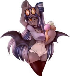 Size: 1124x1220 | Tagged: safe, artist:laityf, derpibooru import, oc, oc only, oc:midnight rush, anthro, bat pony, arm hooves, clothes, cute, deviantart watermark, female, food, ice cream, jewelry, looking at you, necklace, obtrusive watermark, short shirt, simple background, smiling, socks, sunglasses, thigh highs, thighs, thunder thighs, watermark, white background