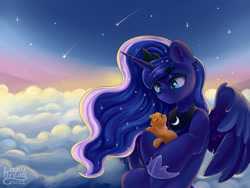 Size: 1280x960 | Tagged: safe, artist:verylazybread, derpibooru import, princess luna, alicorn, cat, pony, atmosphere, cloud, cute, female, flying, lidded eyes, lunabetes, mare, shooting star, sky, solo, spread wings, wings