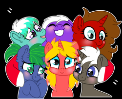 Size: 4300x3500 | Tagged: safe, artist:chocolate, derpibooru import, oc, oc:cinnamon swirl, oc:deedee, oc:emerald wave, oc:majestic circlet, oc:pewter, oc:zap transfer, merpony, pony, unicorn, blushing, coat markings, group hug, group photo, hug