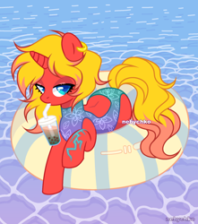 Size: 1800x2040 | Tagged: safe, artist:kawaiizhele, derpibooru import, oc, oc only, oc:cinnamon swirl, pony, unicorn, backless, base used, clothes, drink, drinking, drinking straw, ear piercing, earring, female, floatie, jewelry, looking at you, mare, one-piece swimsuit, piercing, scar, solo, swimsuit, water